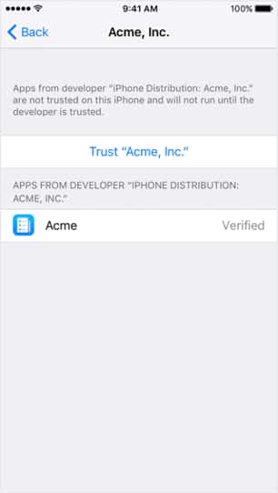Settings to trust an app