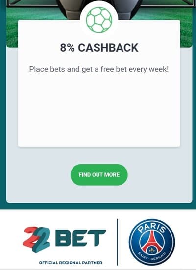 22bet 8% cash back weekly