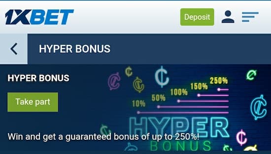 1xbet hyper bonus offer screen