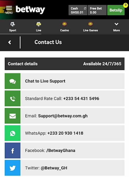 Betway app contact service screen