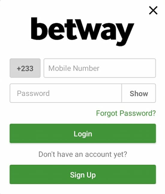 Betway app sign-in screen