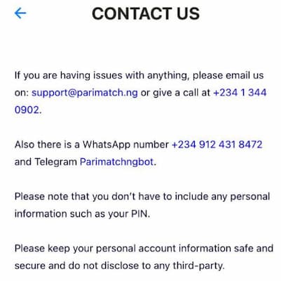 Parimatch Nigeria support contact