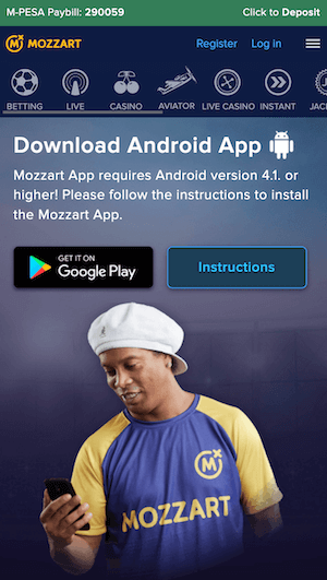 Click on the play store logo to start the mozzart download