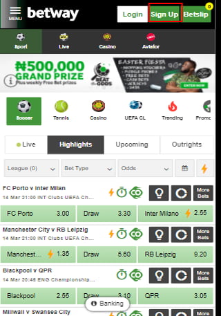 Betway sign up button marked