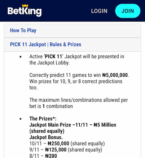 Betking Pick 11 Jackpot