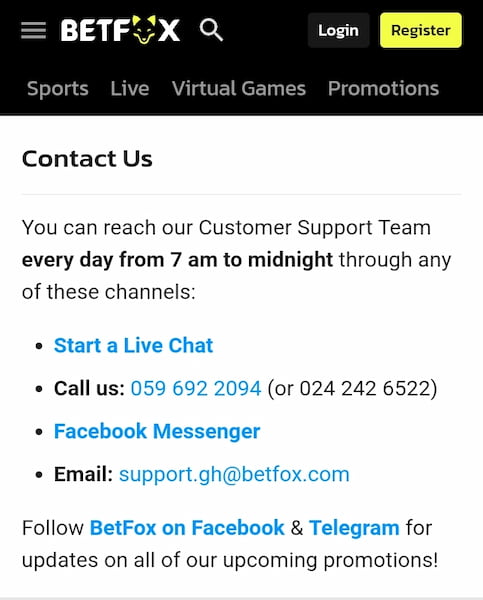 Betfox Ghana Support service