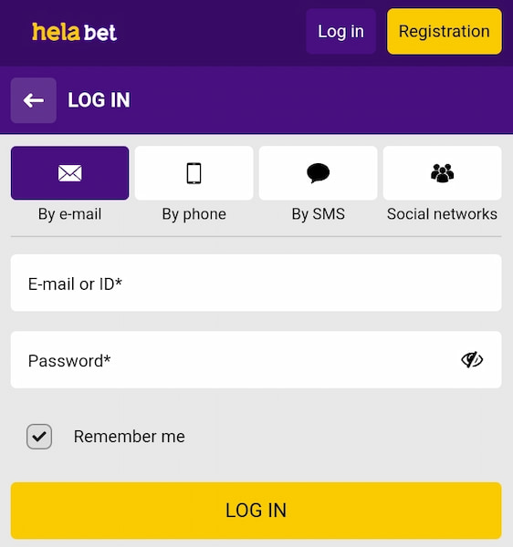 Helabet app sign-in page